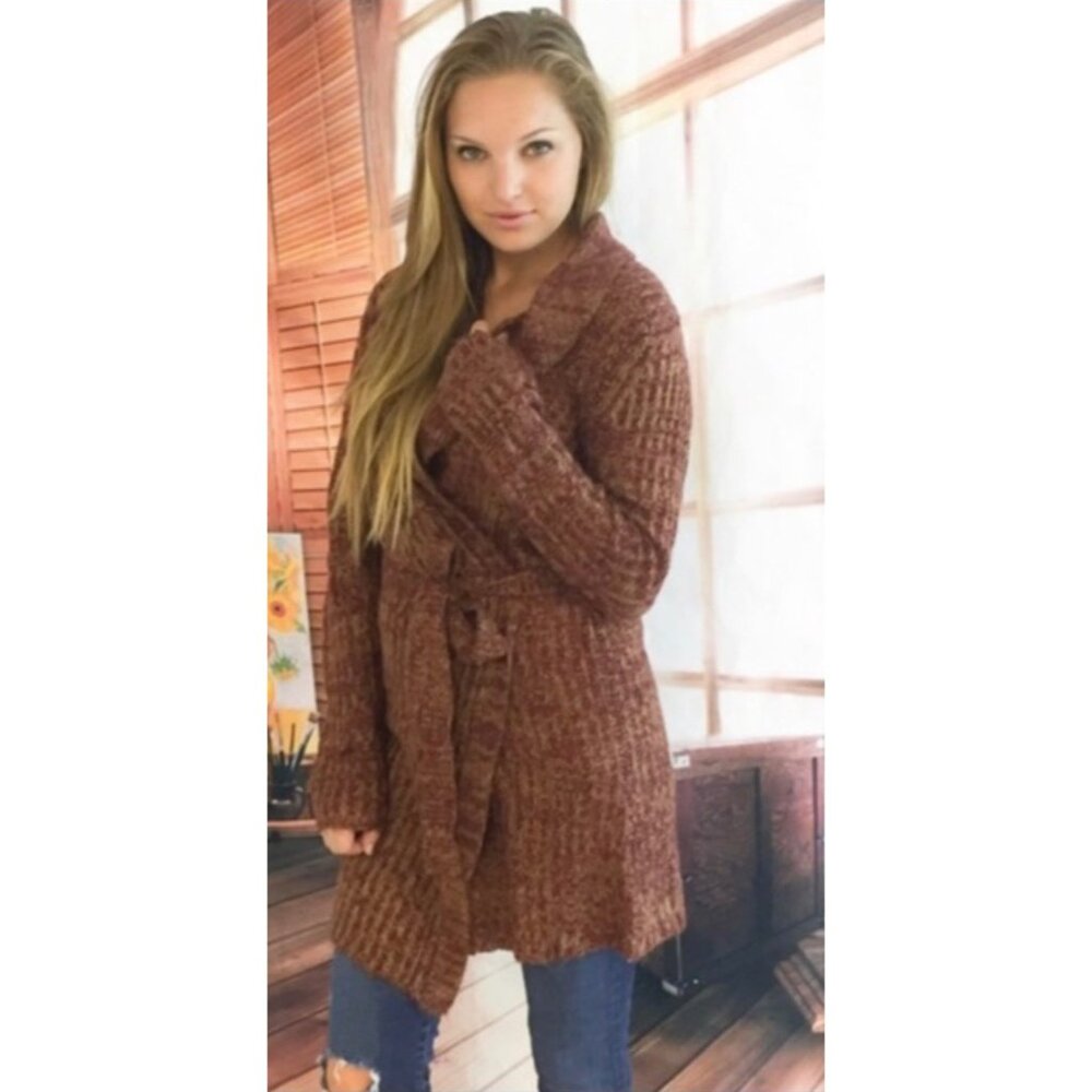 NWT Rust Removable Faux Fur Trim Tie Waist Longline Cardigan Knit | Old Money S - Picture 6 of 8